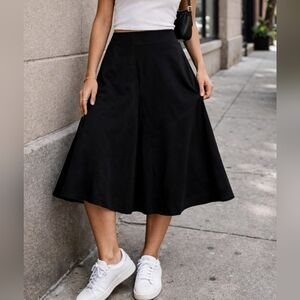 Simon Chang Black A-Line Skirt Size 14 Y2K Flare Midi Stretch Casual Chic